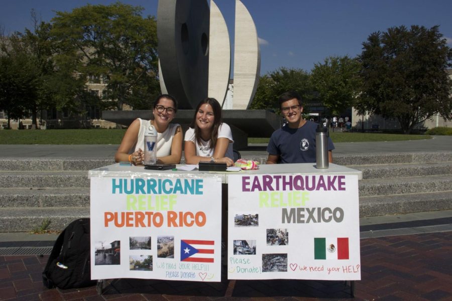 (From Left) Villanovans Ana Montalvo, Katerina Diaz, and Andres Serbia campaign for support for devastated communities in Puerto Rico and Mexico.