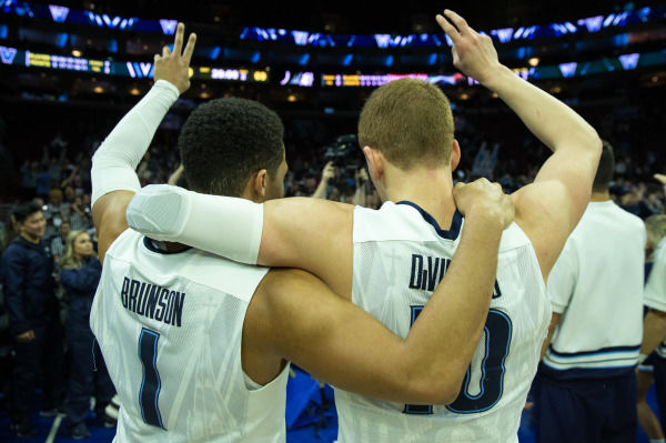 Jalen Brunson and Donte DiVincenzo celebrate the Wildcats victory. 