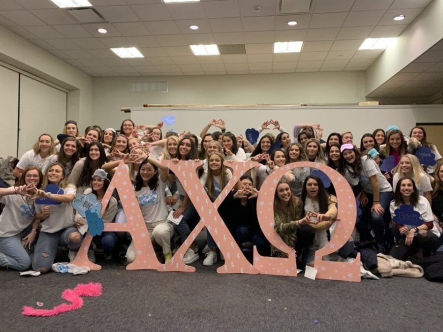 Members of Alpha Chi Omega pose in their new letters on bid day.