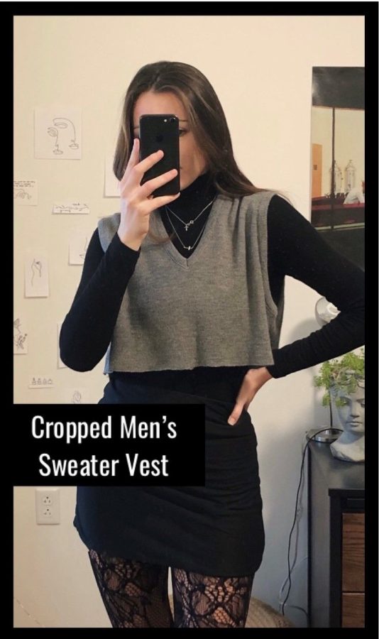 This cropped men’s sweater vest can look great over a turtleneck paired with a mini skirt and tights. 