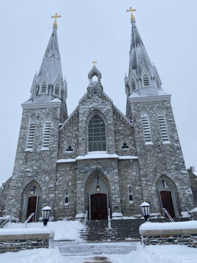 The Villanova Church in the snow.