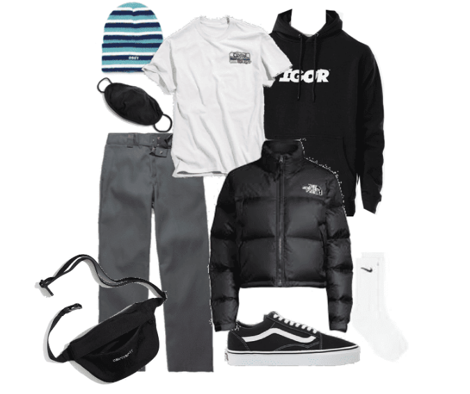 This is an edgier outfit that features a graphic tee, hoodie, belt bag, and an Obey hat. 