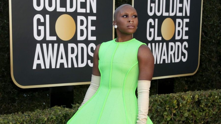 Cynthia+Erivo+glowed+in+her+neon+green+gown+for+the+Golden+Globe+Awards.