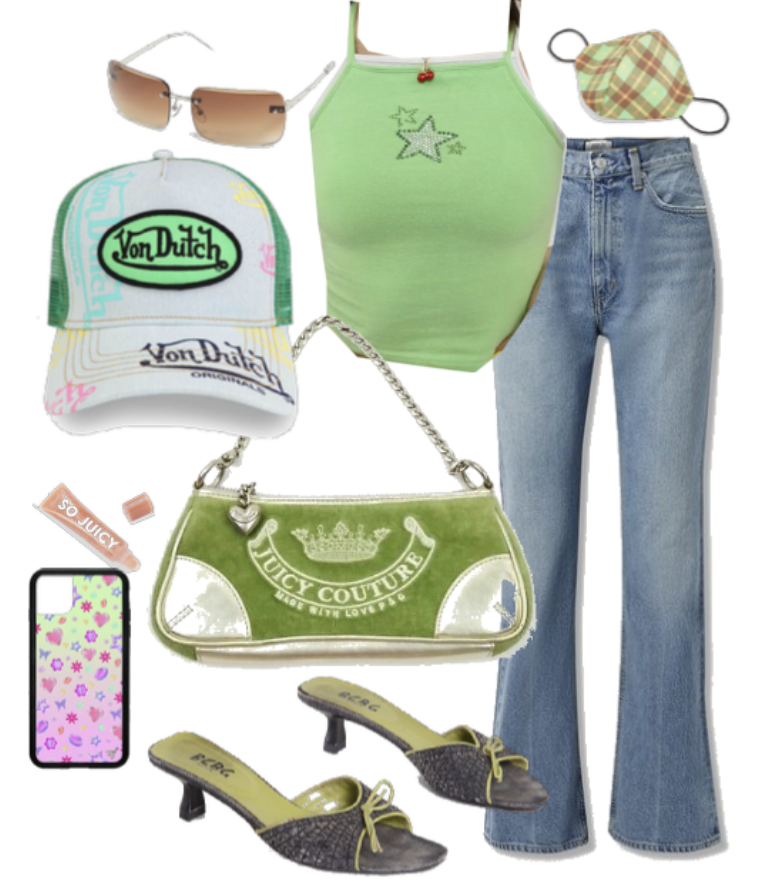 This Y2K inspired outfit features a bright tank top, a Von Dutch trucker hat, a Juicy handbag and kitten heels