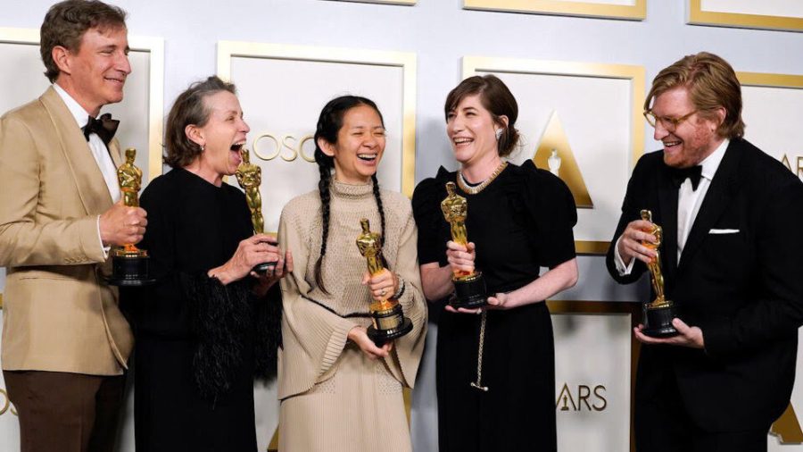 Filmmakers and actors behind the film “Nomadland” celebrate their Oscars victories.