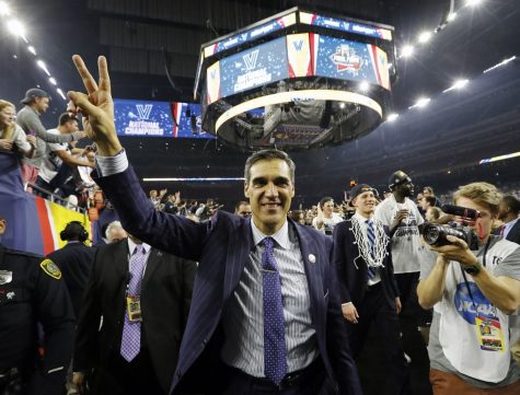 Villanova head coach Jay Wright celebrates after winning the national title in 2016, his first of two championships so far.