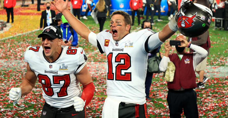 Buccaneers Tom Brady and Rob Gronkowski celebrate after winning the Super Bowl. 
