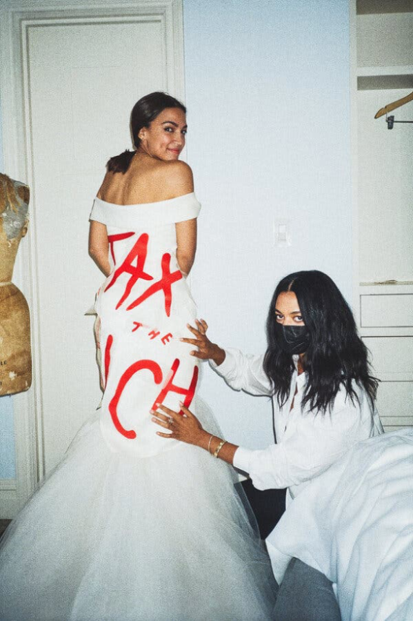 Alexandra Ocasio-Cortez with designer Aurora James.