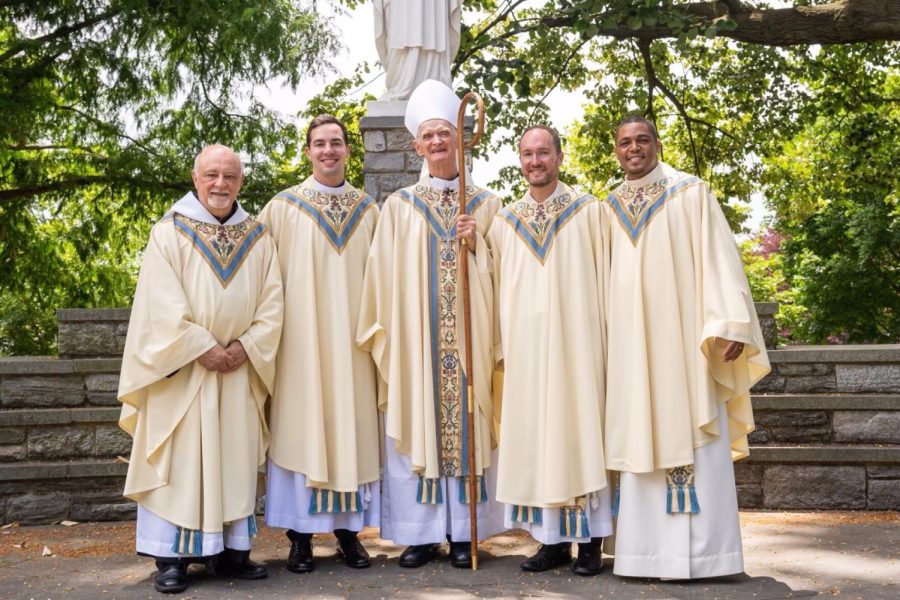 Second from the left, Fr. Bill Gabriel, O.S.A., M.Div., CLAS 14 with Bishop Daniel Turley, O.S.A., at his Ordination to Priesthood on June 26, 2021 at the Mother of Good Counsel Grotto on Villanova’s campus.