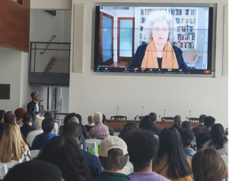 Angela Davis spoke over Zoom for the symposium in Villanovas Law School Building. 