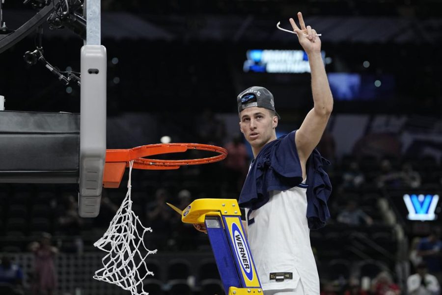 Collin Gillespie holds up two fingers after defeating Houston and advancing to the Final Four.