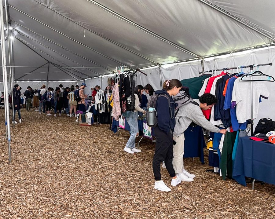 Students parse through clothing from the Wildcat Thrift Shop in the Driscoll Tents at last years Wildcat Thrift. 
