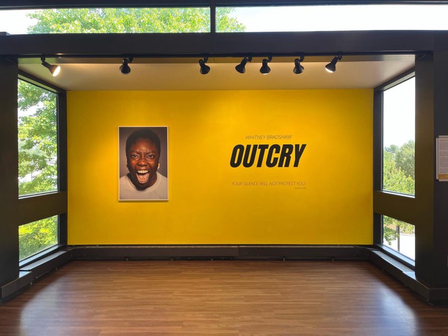Whitney Bradshaw’s “OUTCRY” exhibit is displayed in the Connelly Center