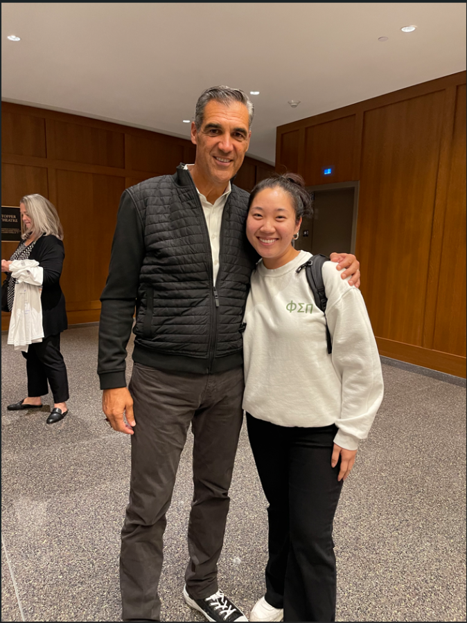 Student Sarah Park posed with Wright after attending his talk at the Mullen Center.
