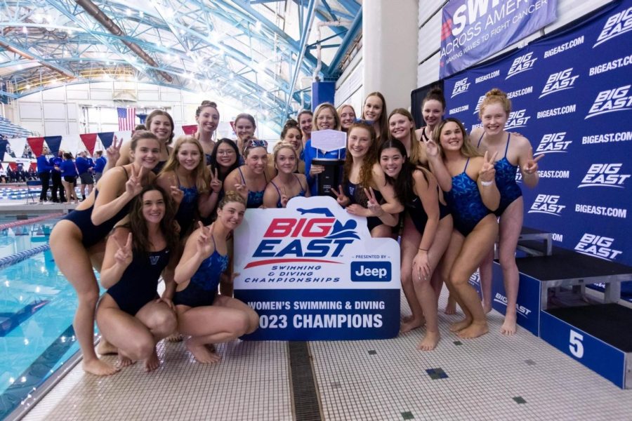 Women%E2%80%99s+swim+and+dive+after+their+Big+East+championship+win.