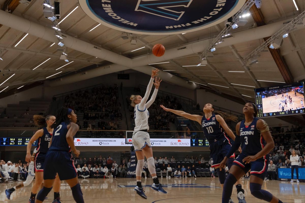 Junior guard Lucy Olsen scored 15 points in Villanovas 81–60 loss to No. 11 UConn on Wednesday night at the Finn.