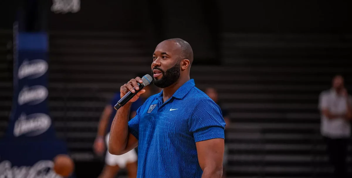 Head coach Kyle Neptune speaks at Villanova's Summer Jam on July 29. As of August 6, Neptune's 2024-2025 roster is complete with the commitment of Alabama transfer Kris Parker.