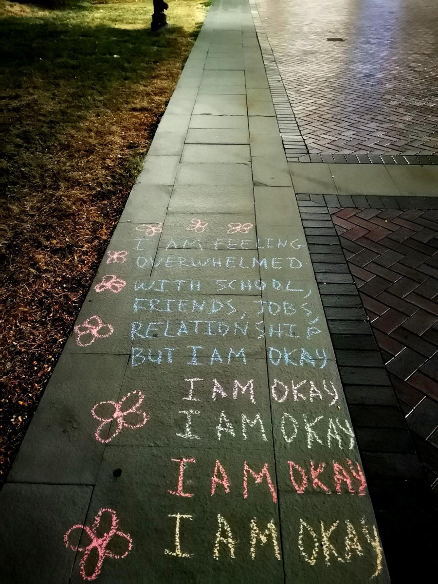 Chalk messages with complaints filed through the Ministry of Loneliness were written  around campus.