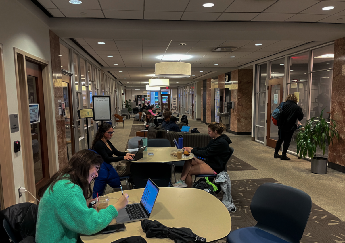 Students will often work on group projects on campus in places like the library. 