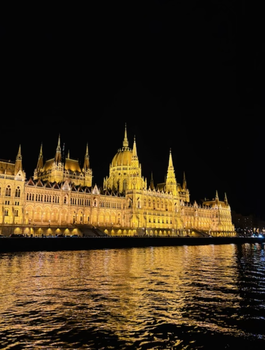 Take in the beautiful nighttime landscape of Budapest, Hungary.